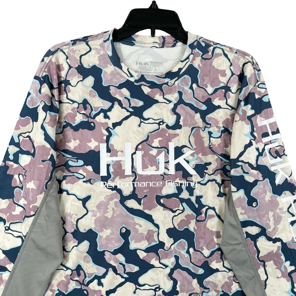 Huk Performance Fishing Shirt Mens L Camo Mesh Panel Long Sleeve Outdoor Top